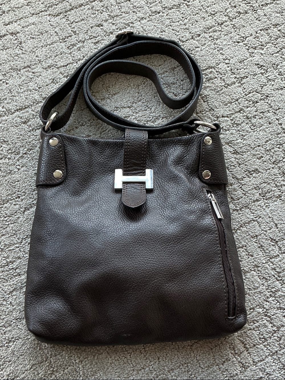 Dark Brown Leather Messenger Crossbody Bag with Silver Hardware